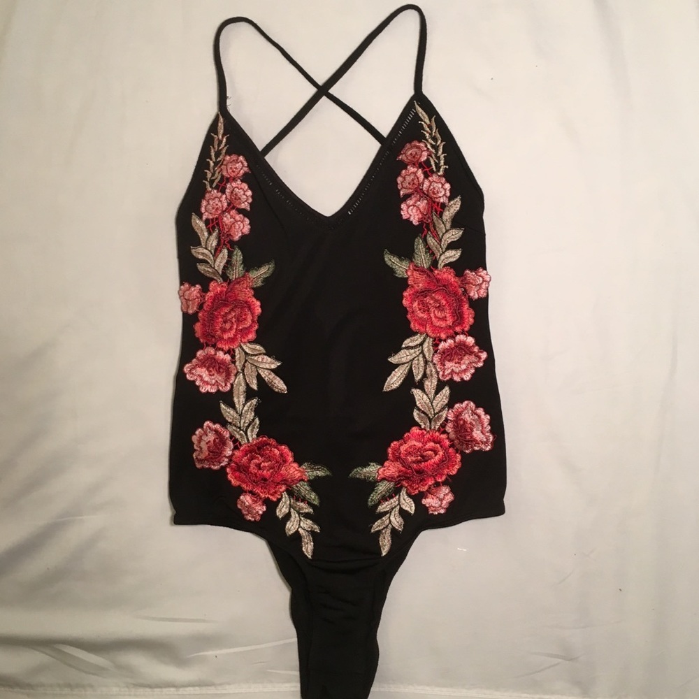 LF rose embroidered black bodysuit